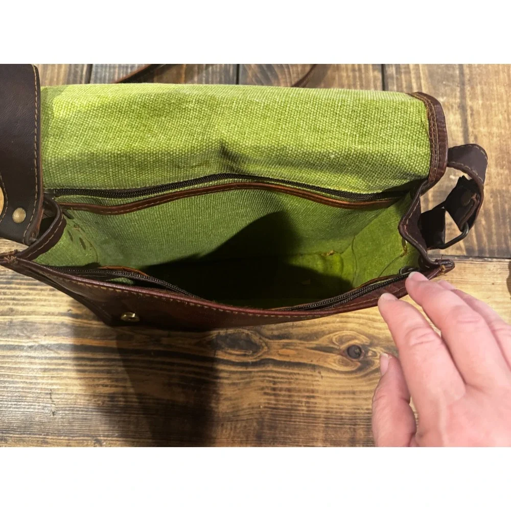 Brown Leather Messenger Bag Satchel Crossbody Distressed Brown Lime Green Lining
